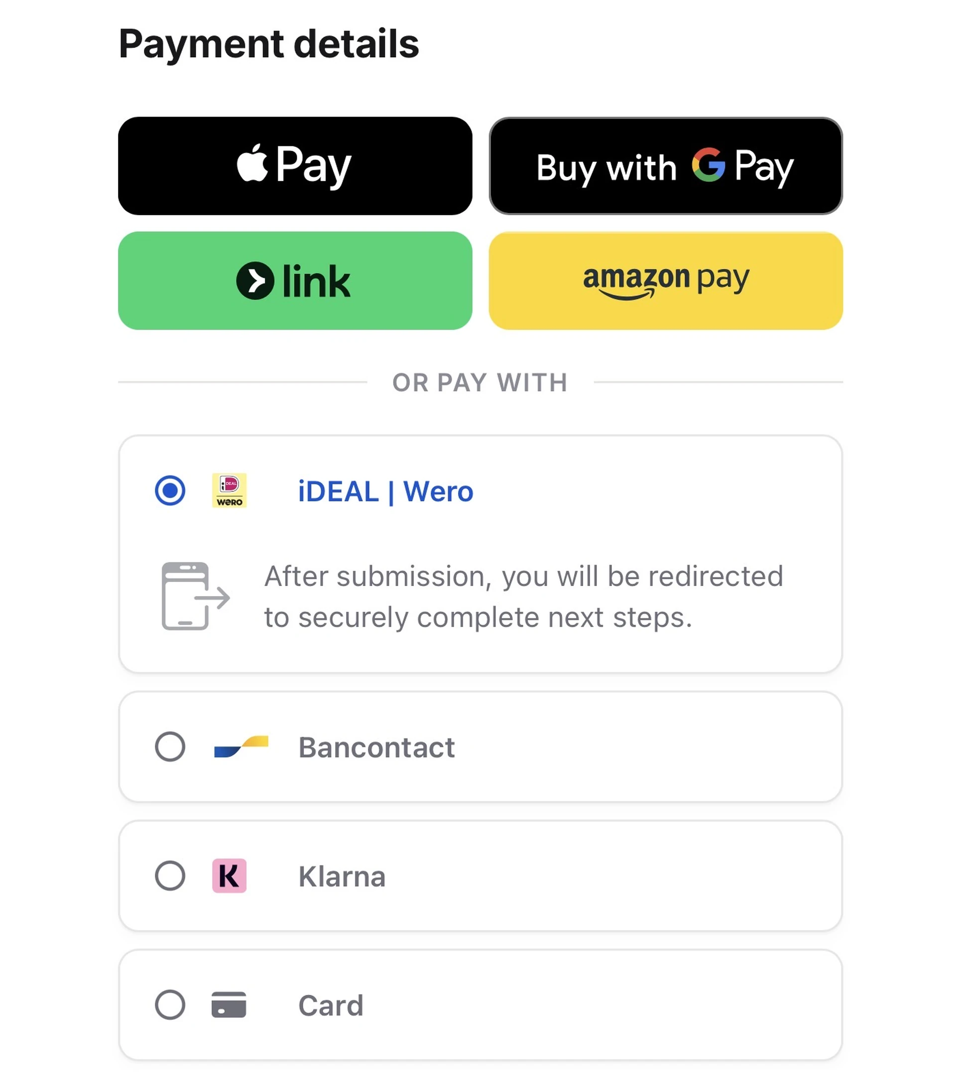 The payment methods on a branded CEO Capital checkout: Apple Pay, Google Pay, Link, Amazon Pay, iDEAL, Bancontact, Klarna and card