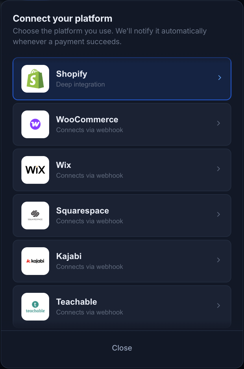 Connect your platform modal in the CEO Capital dashboard