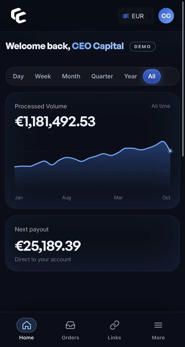 Dashboard home on a phone with processed volume and next payout